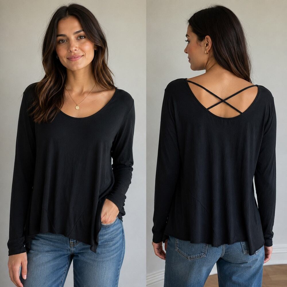 PrAna Long Sleeve Black Strappy Top Women’s M Athleisure Lagenlook Boho Chic